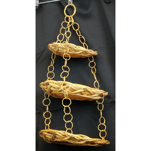 Vtg Boho Tan Beige Woven Bamboo 3 Tiered 19" Hanging Fruit Kitchen Plate Basket - Picture 1 of 11